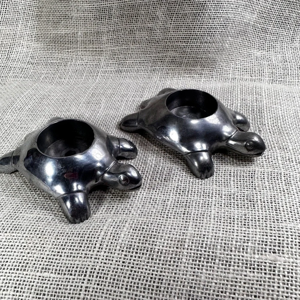 Restoration Hardware Turtle Tealight Candle Holders Metal Pair Pewter Finish